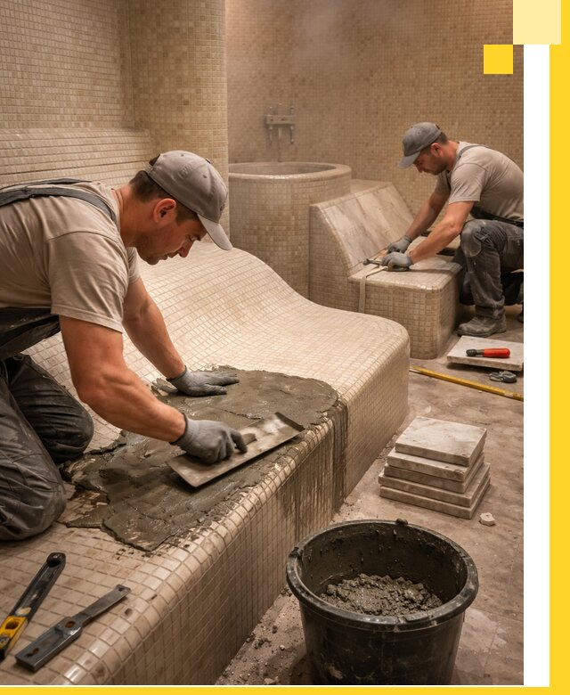 Лежаки для хамама под ключ в Горячем Ключе, проект и монтаж